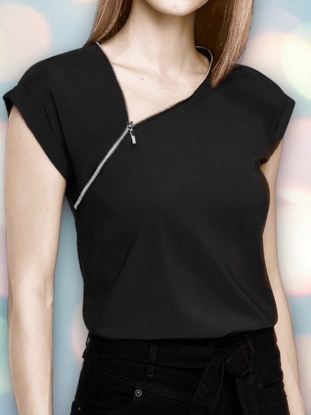 Express Black Cap-Sleeve Top with Diagonal Silver Zip
